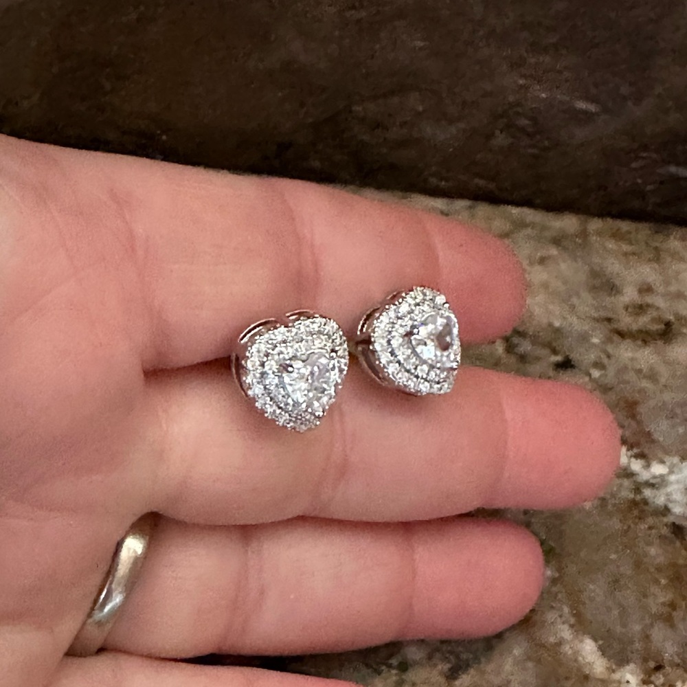 Silver Heart CZ Stud Earrings